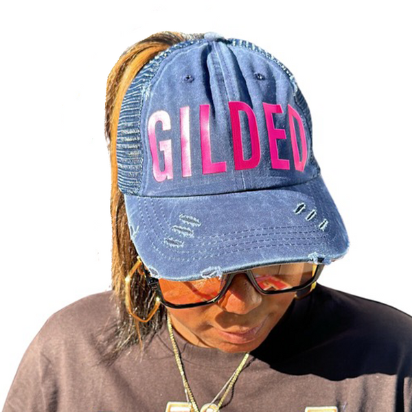 Denim Distressed Gilded Hat for high ponytails